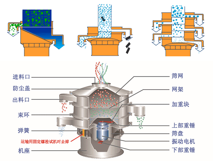 不銹鋼旋振篩結構展示：篩網(wǎng)，出料口，束環(huán)，彈簧，防塵蓋，機座等